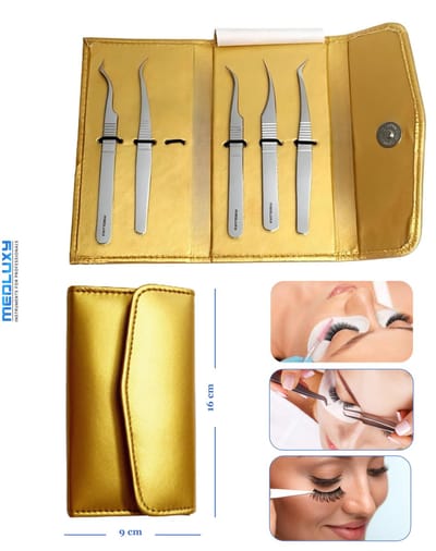 MEDLUXY® Pro - Wimperpincet - 5-delige Set + Etui - [EP0445] (pincet voor wimperextions - nepwimpers, eyelash tweezer set, wimper pincet set)