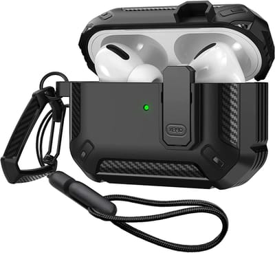 Schokbestendige hoes voor AirPods Pro 2 met sluiting, beschermende case met armor skin, ideaal voor veilig opladen - Zwart