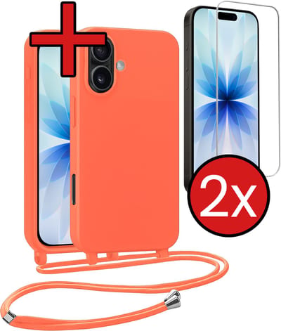 Hoesje Geschikt voor iPhone 17 Hoesje Siliconen Case Met Koord Met 2x Screenprotector - Hoes Geschikt voor iPhone 17 Hoesje Backcover Met Telefoonkoord - Papaya