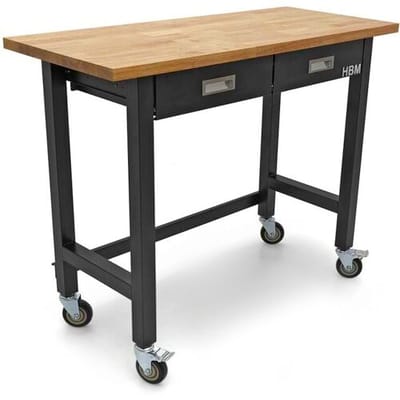 HBM werkbank 122 cm verrijdbaar met 2 laden, massief houten werkblad, zwart