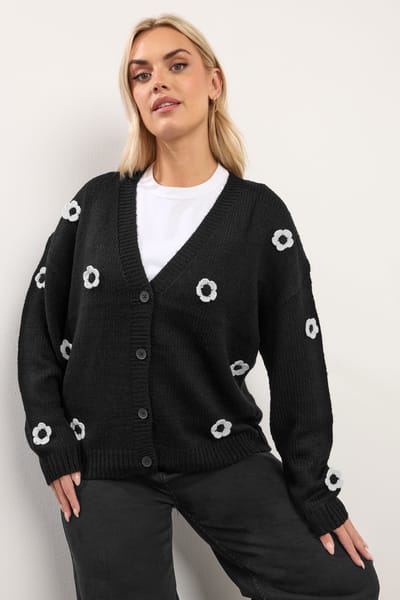 Yours Zwarte Applique Bloemen Cardigan Size 58-60