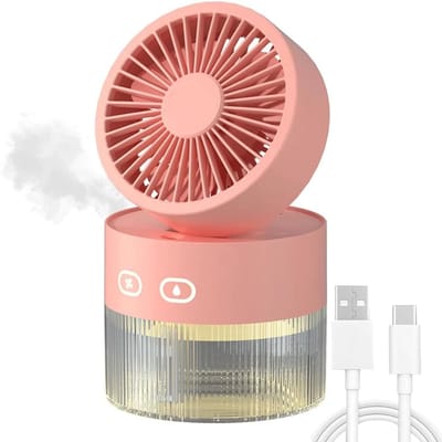Persoonlijke Koelv ventilator & 350ml Vervochtiger 3 in 1 – LED Nachtlicht, USB Opladen, Geen Batterij, Roze – Voor Kantoor en Kleine Kamer