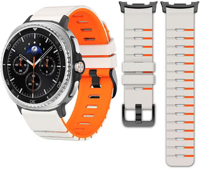 Stravo Siliconen Horlogebandje met Piano-Key Look – Geschikt voor Samsung Galaxy Watch 9 (40/44mm) / Watch 8 (40/44mm) / 8 Classic (46mm) – Tweekleurig Sportief Design Smartwatch Bandje – Starlight/oranje