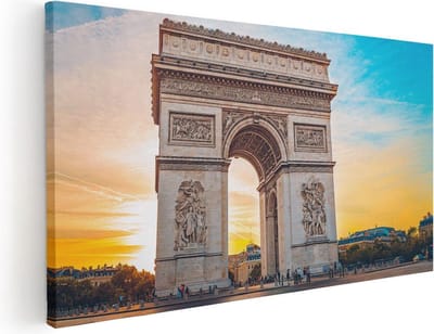 Artaza Canvas Schilderij Parijs - 40x20 cm - Klein - Wanddecoratie Arc De Triomphe - Muurdecoratie Zonsondergang - Schilderijen Op Canvas Frankrijk