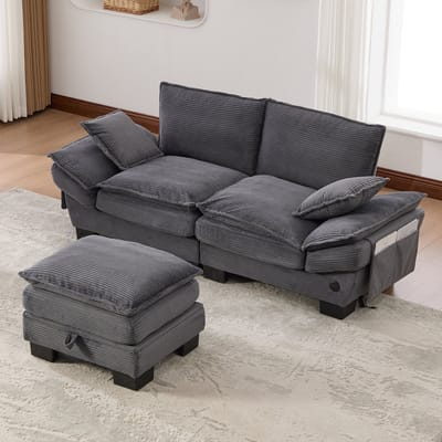 DESMIU Bank - 190 x 132 cm - 2-Zits Met Hocker, USB-C Aansluiting En Zijvakken - Voor Woonkamer, Kantoor En Lounge - Corduroy Donkergrijs