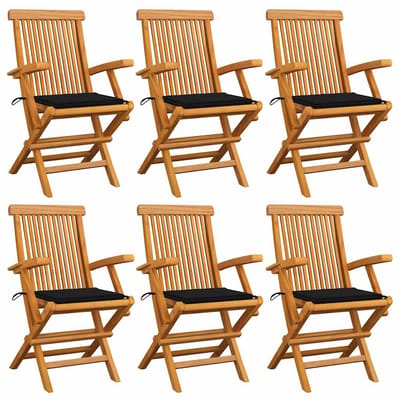 vidaXL - Klapstoelen - met - zwarte - kussens, - 6 - stuks, - massief - teakhout