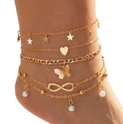 Goudkleurig enkelbandje voor dames – set van 5 enkelkettingen met sterren, hart, vlinder en parels – verstelbare enkelbandjes – elegante zomerse sieraden