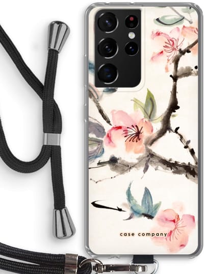 Case Company® - Hoesje met koord geschikt voor Samsung Galaxy S21 Ultra hoesje met Koord - Japanse bloemen - Telefoonhoesje met Zwart Koord - Bescherming aan alle Kanten en Over de Schermrand