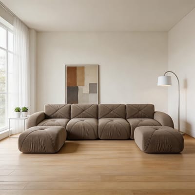 Komhtom - U-vormige modulaire bank en frameloze bank - 4-zits combinatiebankenset inclusief 2 poefs - van comfortabele stof met antislipontwerp - geen montage nodig - geschikt voor de woonkamer - bruin