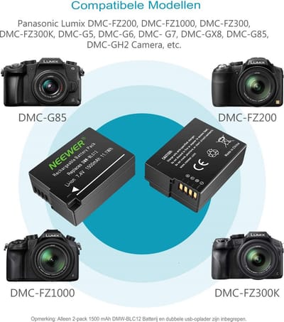 Neewer® - 2 Pack 1500mAh Vervangende DMW-BLC12 Batterij en Dubbele USB-oplader met LCD Scherm - Geschikt voor Lumix DMC-FZ200 DMC-FZ1000 DMC-G5 DMC-G6 DMC-G7 DMC-GX8 DMC-G85 DMC-GH2