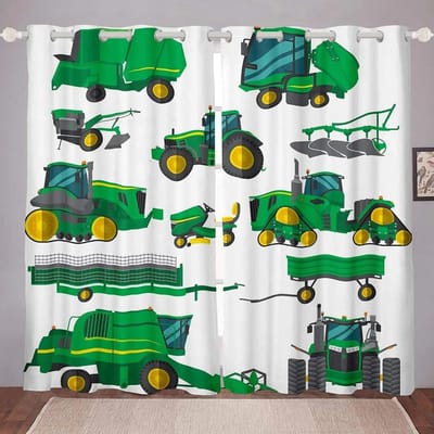2 Pièces Rideaux à Œillets Voitures Camions Dessin Animé, Rideaux pour Fenêtre Camions Tracteurs Excavateurs, Rideau sur le Thème de la Construction pour Chambre de Garçon W60H60(CM)x2pcs&Grommet Top green