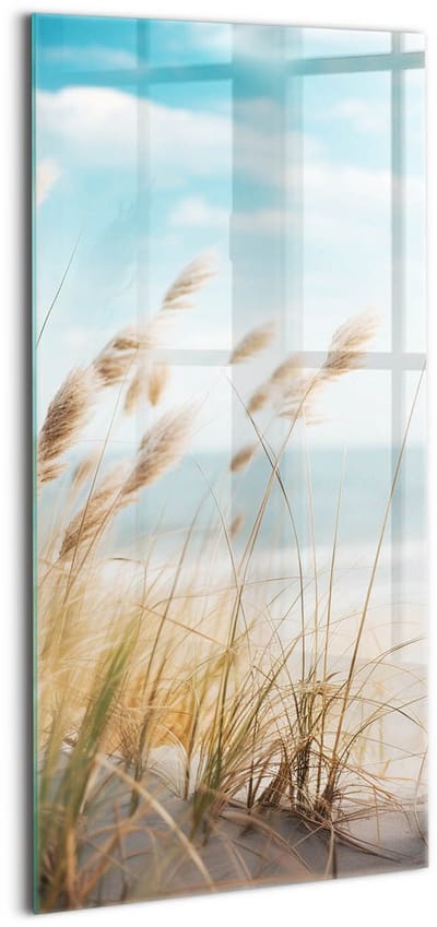 Wallfluent Glasschilderij - Landschap met gras, strand en zee in boho-stijl Schilderij Op Glas - 50x100 cm - Beige Verticale Muurschildering - Landschap Foto In Glas - Foto Glas - Glas Foto