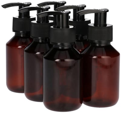 6 x 100 ml Pharma PET Fles Bruin met Dispenserpomp Zwart- PET Kunststof BPA-vrij - Plastic Flessen Navulbaar - Met Dop - Lege Flessen - 6 stuks