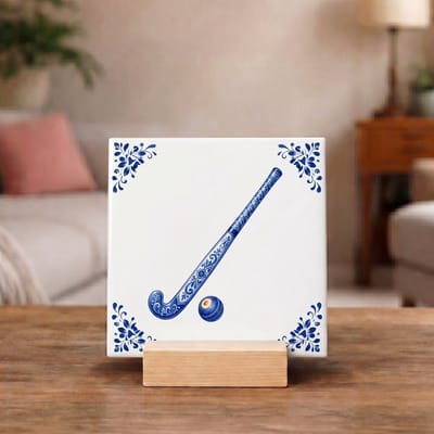 Delftsblauw Tegeltje 11x11 Hockeystick – Sportliefhebber Cadeau