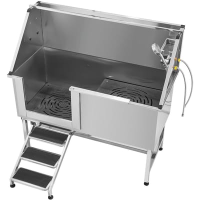 Baignoire pour toilettage de chien 157,5 cm Acier inoxydable avec escalier Filtre à eau Gauche