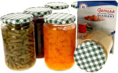 Set van 6 ronde potten 720 ml To 82 groen geblokt deksel incl. Diamant Gelierzauber receptenboekje