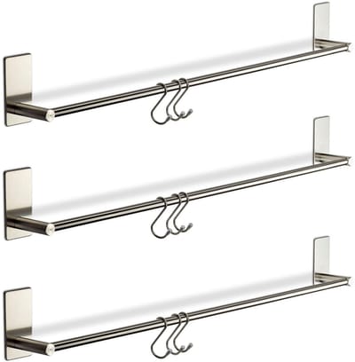 3 x Handdoekrek zelfklevend TALIDA 745 mm RVS Ø 12 mm met 3 S-haken voor keuken & badkamer keukenreling