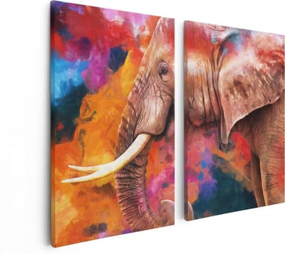 Artaza Canvas Schilderij Tweeluik Kleurrijke Olifant - Abstract - 80x60 cm - Wanddecoratie Woonkamer - Schilderijen - Muurdecoratie
