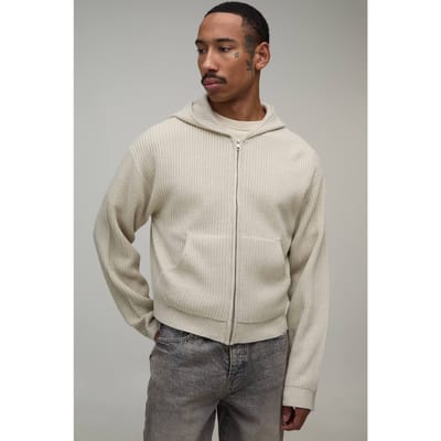 Gebreide Hoodie Met Geribbelde Boxy Pasvorm | Stone | Size XS