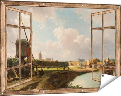 Gards Tuinposter Doorkijk Gezicht op Den Haag vanaf de Delftse Vaart in de Zeventiende Eeuw - Cornelis Springer - 120x80 cm - Tuindoek - Tuindecoratie - Wanddecoratie buiten - Tuinschilderij