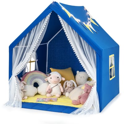 COSTWAY Kinderspeelhuis met sterrenlichten, prinses prinses kindertent met raam, mat en kleurrijke vlaggen, speeltent met dubbel gordijn, speelhuis voor kinderen, speelhuis voor jongens, sprookjes
