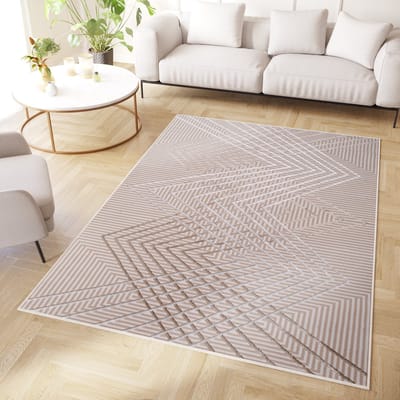 Tapiso Crystal Vloerkleed Beige Zigzag 3D Effect Laagpolig Tapijt Maat- 80x150