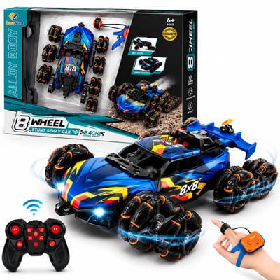 EasyMart Bestuurbare Auto – RC Stuntauto met 8 Wielen – 360° Drift & Flips – Horlogebesturing & Afstandsbediening – Spray-Effect – Blauw/Zwart – 6+
