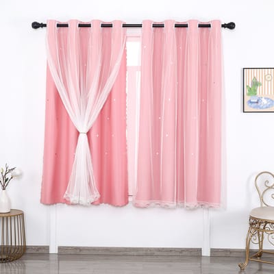 Qelus Roze Verduisterende Gordijnen Kant en Klaar met Ringen - Dubbellaags Gordijn met Sterren, Tulle Laag en Kantrand - 130x160 cm - Incl. Gratis Boog en Lint - Voor Woonkamer en Slaapkamer