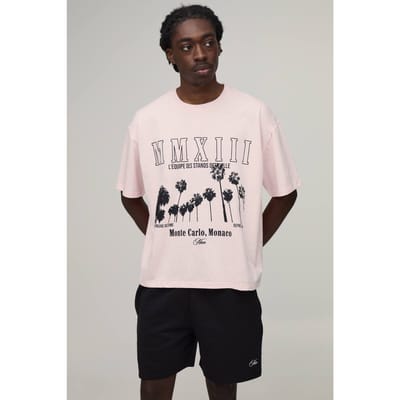 Oversized Boxy Bedrukt T-shirt & Short Set | Pink | Size XS
