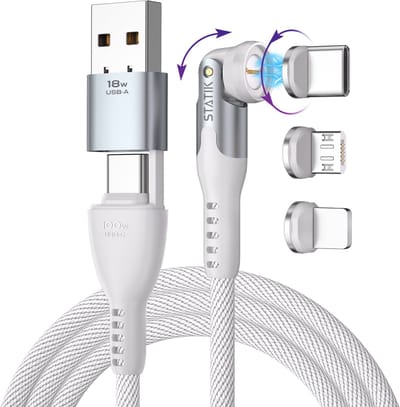 Statik PowerPivot Pro 360 Universeel Magnetisch oplaadkabel - 100W - 480 Mbps Data Transfer - Magnetisch kabel - Nylon Gevlochten - Wit