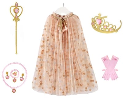 Joya Kids® Verkleedcape met Accessoires Beige kleuren | Prinsessencape | Cape Set | Unicorn | Meisje Verkleedset | Carnvalskleding Meisjes | Met Kroon, Staf, Handschoenen en Sieradenset