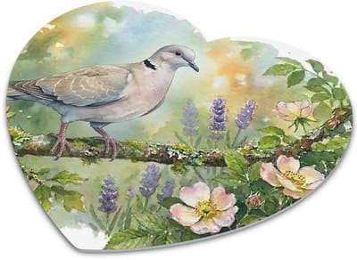 Hartvormige "Aquarel Series" Muismat Turkse Tortel op Tak met Roze Bloemen & Lavendel - Bureaumat met Vogel Waterverf Illustratie voor Pc en Laptop - Verrassend Cadeau voor haar: Vrouw,Vriendin & Collega - Botanisch Kantoor Artikel Design