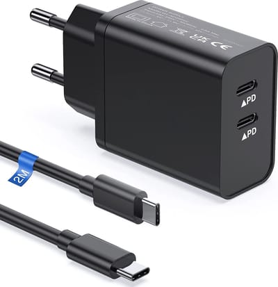 Phreeze Snelle Dubbele usb-C Oplader + 2 Meter Gevlochten Kabel - 35w GaN Technologie - Geschikt voor A54, S24, S23, S22, S21, Tablet A7,A8,A9 Plus (2020,2021,2022,2023,2024) en meer - Zwart
