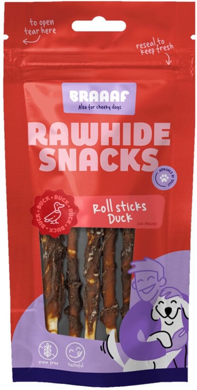 Braaaf Hondensnack Rol Sticks Eend 12 cm - 10 x 80 gr - Voordeelverpakking