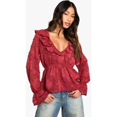 boohoo Dames Burnout Floral Blouse met Ruches op Hals en Manchetten | Bessen | Maat: 34