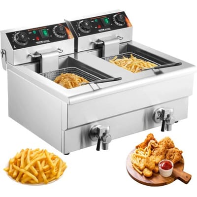 VEVOR Commerciële Friteuse 2 x 8 L, Elektrische 3 kW Tafelmodel Friteuse met Dubbele Tank & Mand, Dubbele Roestvrijstalen Friteuse, Tijd- en Temperatuurregeling, voor Keuken en Restaurants