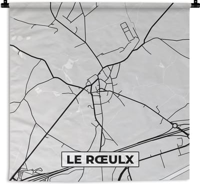 Wandkleed - Wanddoek - België – Le Rœulx – Stadskaart – Kaart – Zwart Wit – Plattegrond - 180x180 cm - Wandtapijt