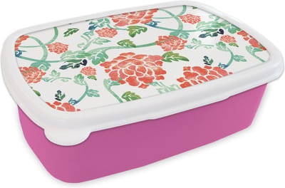 Broodtrommel Roze - Lunchbox - Brooddoos - Bloemen - Bladeren - Patronen - Waterverf - 18x12x6 cm - Kinderen - Meisje