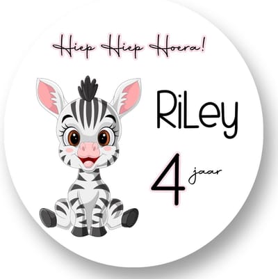 20x Zebra Stickers met Naam en Leeftijd - Verjaardag Meisjes - Zebra - Traktatiestickers met naam - Gepersonaliseerd - Sluitstickers - Kinderfeest Traktatie - Uitdelen - Uitdeeltraktatie - Wensetiket - Rond - 40mm - Glossy sticker