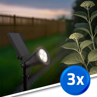 Solar tuinverlichtng pad 'Highlight' - Set van 3 - Koud wit licht (6000K) - 25cm hoog - IP44 - 2 lichtstanden - Prikspots op zonne-energie - Zwart