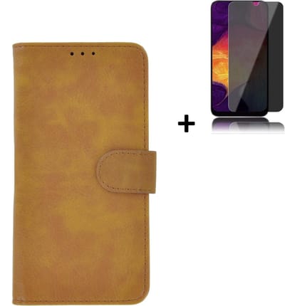 Hoesje Geschikt voor Samsung Galaxy A03s - Screenprotector A03s - Wallet Bookcase Bruin + Privacy Screenprotector