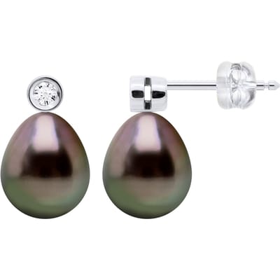 Oorbellen Prestige - Diamanten 0,02 ct - Wit Goud - Echte Gecultiveerde Tahiti Parels Parel 9-10 mm