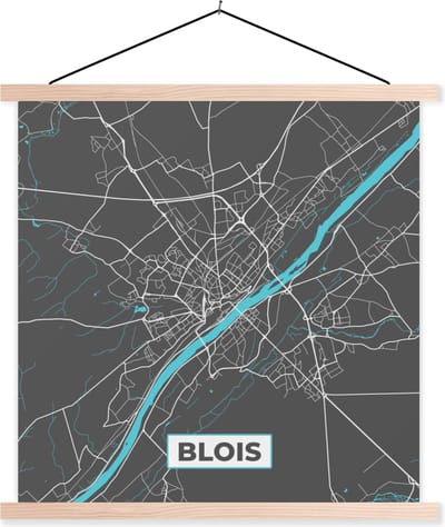 Posterhanger incl. Poster 40x40 cm - Schoolplaat - Blois - Frankrijk - Stadskaart - Kaart - Plattegrond - Textielposter - Blanke latten - Stadskaart