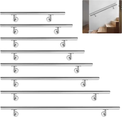 60cm Rvs Handgrepen Voor Trap En Muur Incl. Muurbeugels En Eindkappen | Geborsteld Veiligheidshek Set Voor Binnen En Buiten | Muur- En Traphekken Balustrade Balkon En Ingang NAIZY