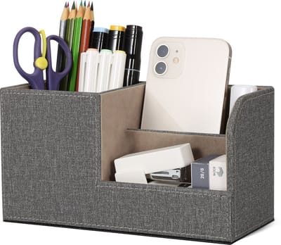 Pennenbakje PU Leer - Bureau & Desk Organizer - Pennenhouder - Grijs