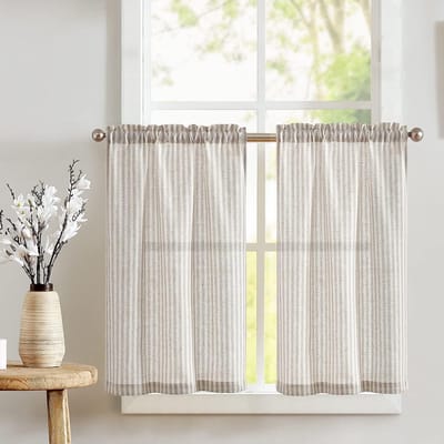 Gestreepte vitrage, linnen, gordijnen met strepen, keukengordijn, ondoorzichtig, kort, keukengordijnen voor keuken, eetkamer, badkamer, klein raam, 65 x 60 uur, grijs op beige