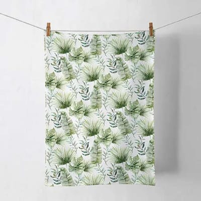 Ambiente Set van 2 Theedoeken Kitchen towel Jungle leaves white 50x70 cm – 100% Katoen – Tropische Bladeren Keukendoeken