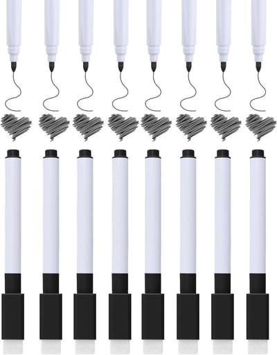 Magnetische Whiteboard Stiften Set van 8 - Zwarte Drooguitwisbare Markers met Wisser op de Dop - Fijne Punt (1-2mm) - Ideaal voor Kantoor, School en Koelkast met Lage Geur