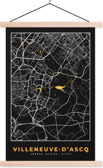 Posterhanger incl. Poster 40x60 cm - Schoolplaat - Kaart – Stadskaart – Villeneuve-d'Ascq - Plattegrond – Frankrijk - Textielposter - Blanke latten - Stadskaart