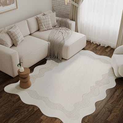 Tapiso Terra Vloerkleed - Organische Vorm met Golvende Rand - Woonkamer & Slaapkamer - Laagpolig Tapijt - 3D-Effect - Crème Wit - OEKO-TEX - 80x150